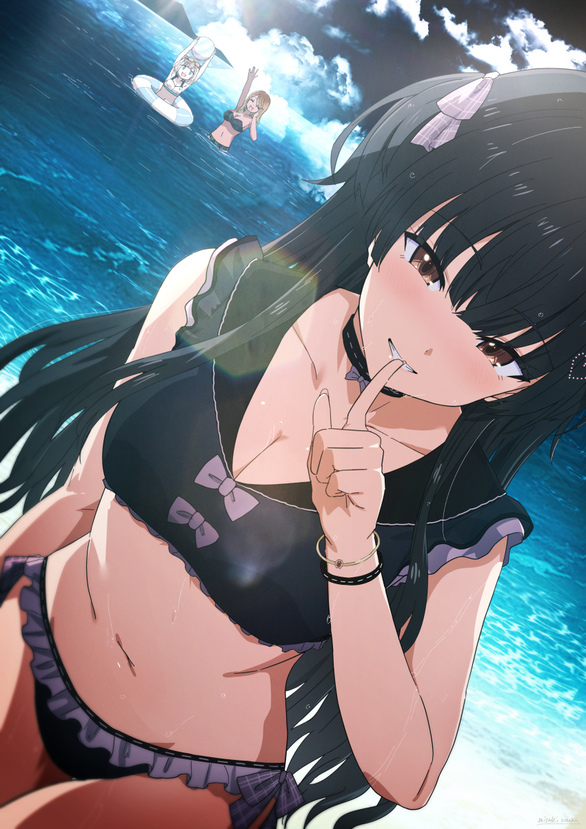 3girls absurdres ball beach beachball bikini black_bikini black_hair bracelet breasts cleavage collarbone dutch_angle finger_to_mouth frilled_bikini frills highres idolmaster idolmaster_shiny_colors innertube izumi_mei jewelry large_breasts long_hair looking_at_viewer mayuzumi_fuyuko misaki_nonaka multiple_girls navel serizawa_asahi shushing solo_focus swimsuit two_side_up very_long_hair