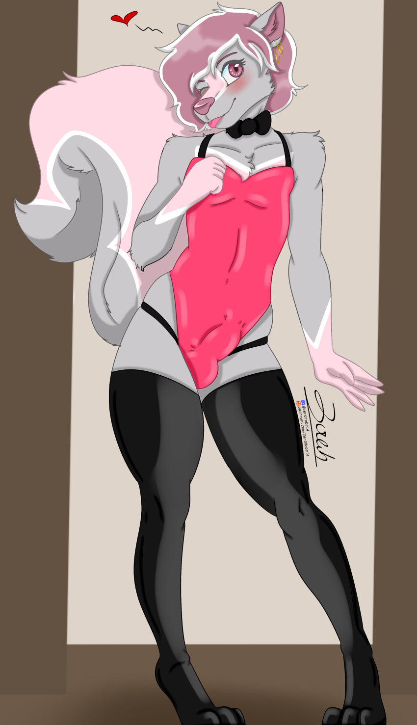 &lt;3 2023 absurd_res anthro blep bow_tie bulge chest_tuft clothed clothing crossdressing digitigrade discord_(app) ear_piercing ear_ring erection erection_under_clothing full-length_portrait fur genital_outline girly grey_body grey_fur hair hi_res latex latex_clothing latex_legwear latex_stockings latex_thigh_highs leaning legwear leotard male mammal markings mephitid one_eye_closed patreon paws penis_outline piercing pink_body pink_eyes pink_fur pink_hair pink_markings portrait raised_tail ring_piercing skunk smile solo standing striped_skunk tail teenager text thigh_highs tongue tongue_out tuft url white_body white_fur white_hair white_markings wink young zer0rebel4