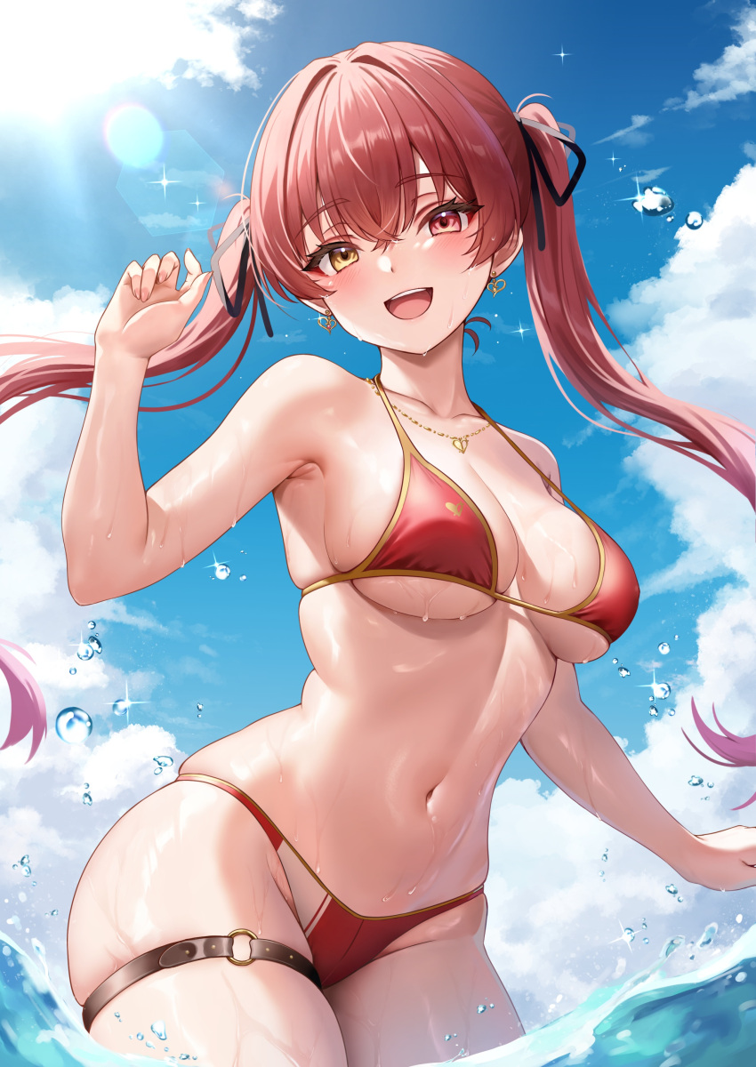 1girl :d absurdres bikini blue_sky blush breasts cloud contrapposto cowboy_shot day earrings floating_hair glint gold_trim groin hair_ribbon hand_up heart heart_earrings heart_necklace heterochromia highres holika_baby hololive houshou_marine houshou_marine_(summer) jewelry large_breasts lens_flare long_hair making-of_available navel necklace open_mouth outdoors red_bikini red_eyes red_hair ribbon skindentation sky smile solo stomach strap_gap sunlight swimsuit thigh_strap twintails virtual_youtuber wading water wet yellow_eyes