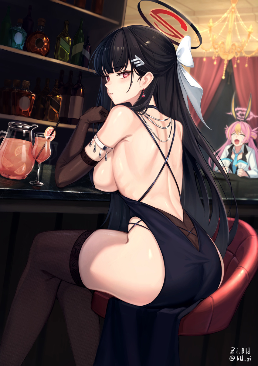 2girls absurdres animal_ears ass bar_(place) black_hair bld_zi blue_archive blue_necktie blush bottle breasts brown_gloves cup drink drinking_glass drinking_straw elbow_gloves fake_animal_ears gloves hair_ornament hairpin halo highres indoors koyuki_(blue_archive) koyuki_(bunny)_(blue_archive) large_breasts long_hair multiple_girls necktie official_alternate_costume open_mouth parted_lips pink_hair pink_halo rabbit_ears red_eyes rio_(blue_archive) shirt twintails twitter_username white_shirt