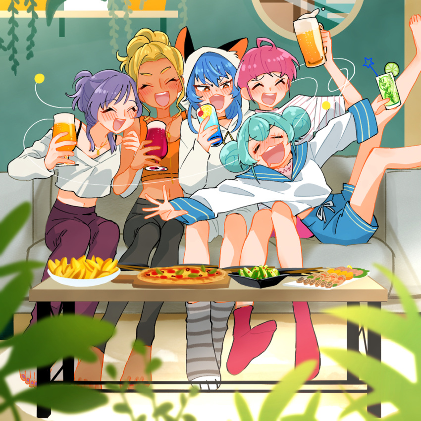 5girls :d aged_up ahoge alcohol amamiya_elena animal_ears aqua_hair barefoot beer beer_mug black_leggings blonde_hair blue_hair blue_sailor_collar blue_shorts blurry blurry_foreground blush casual cat_ears couch cup dark-skinned_female dark_skin depth_of_field double_bun drawstring drunk folded_ponytail food grey_socks hagoromo_lala hair_bun holding holding_cup hood hood_up hoodie hoshina_hikaru indoors kaguya_madoka leaning_back leaning_on_person leg_up leggings long_sleeves midriff monster_rally mug multiple_girls navel off-shoulder_shirt off_shoulder on_couch open_mouth outstretched_arms pink_hair pizza precure purple_hair purple_leggings red_eyes red_socks sailor_collar sailor_shirt saliva shirt short_hair short_ponytail shorts sitting smile socks spread_arms star_twinkle_precure white_hoodie white_shirt yuni_(precure)