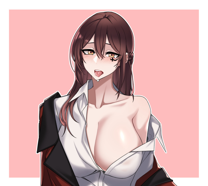1girl absurdres blush border braid breasts brown_hair cleavage collared_shirt commission dogs_(dlrkdejr26) facial_mark female_commander_(girls'_frontline) girls'_frontline griffin_&amp;_kryuger_military_uniform hair_between_eyes heart highres huge_breasts jacket korean_commentary long_hair looking_at_viewer off_shoulder open_mouth original pink_background red_jacket shirt simple_background single_off_shoulder solo teeth tongue tongue_out upper_body upper_teeth_only white_border white_shirt yellow_eyes