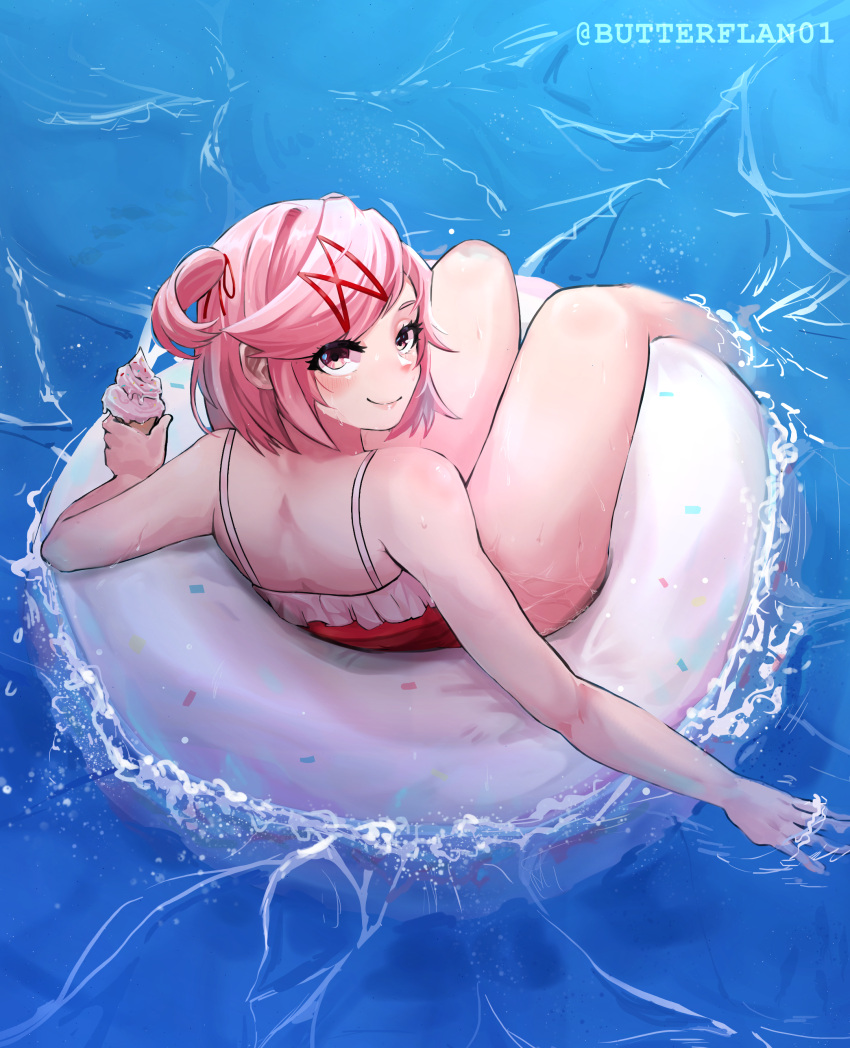 1girl absurdres afloat artist_name bare_shoulders blush butterflan01 closed_mouth commentary cupcake doki_doki_literature_club doughnut_innertube eyelashes food from_above from_behind full_body hair_ornament hair_ribbon highres holding holding_food innertube looking_at_viewer looking_back looking_up natsuki_(doki_doki_literature_club) on_innertube one-piece_swimsuit partially_submerged pink_eyes pink_hair red_one-piece_swimsuit red_ribbon ribbon romaji_commentary short_hair sitting smile soaking_feet soaking_hands solo sprinkles swept_bangs swimsuit twitter_username two_side_up water waves x_hair_ornament