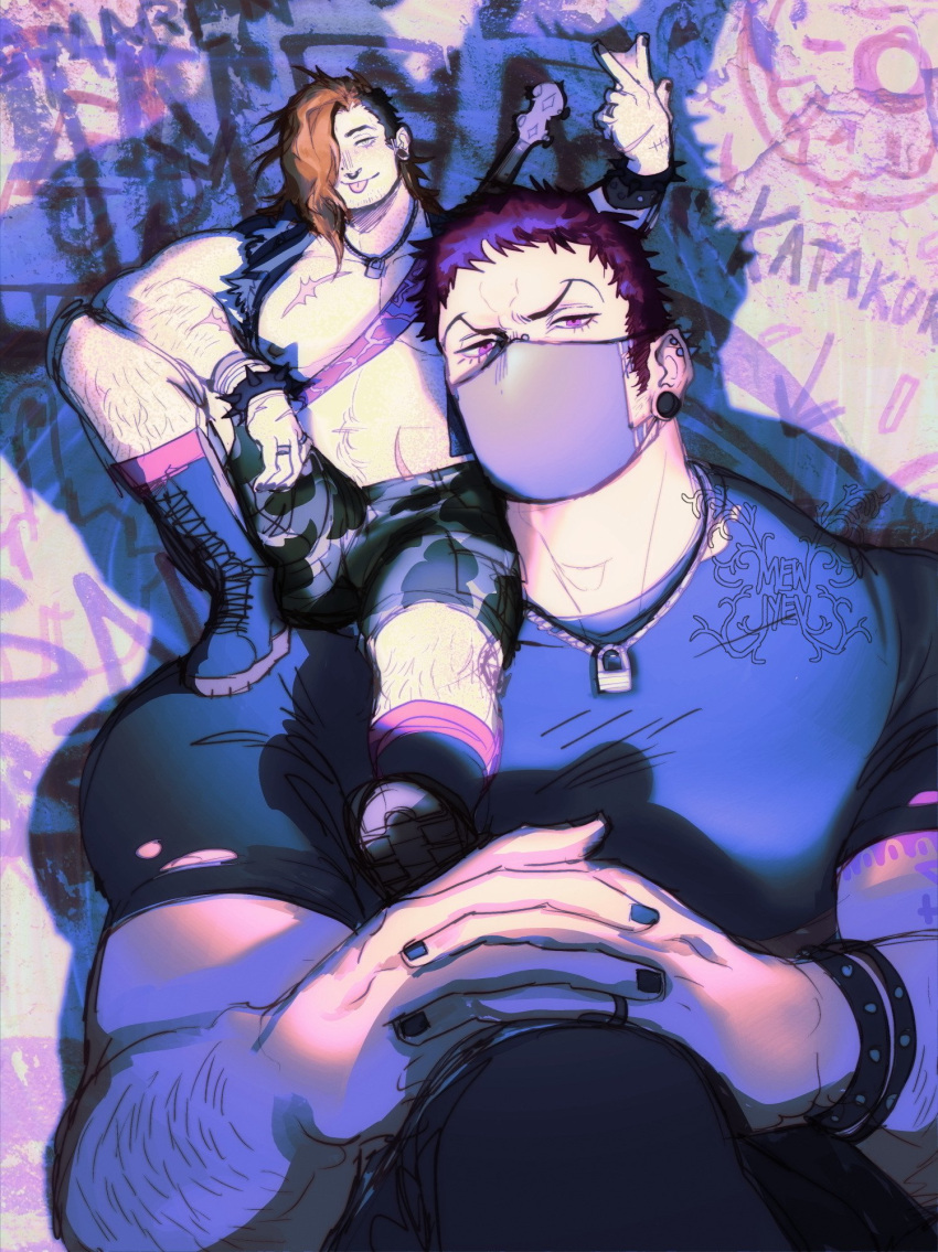 2boys :p arm_hair arm_tattoo asymmetrical_hair bara bare_pectorals black_footwear black_shirt black_vest boots bracelet brown_hair cargo_shorts charlotte_katakuri drop_shadow ear_piercing facial_hair full_body graffiti guitar hair_over_one_eye highres instrument jewelry large_pectorals leather leather_pants long_hair long_sideburns looking_at_viewer male_focus maren_(mewtides) mask mewiyev mouth_mask multiple_boys muscular muscular_male navel navel_hair necklace nipples nose_piercing nose_ring one_piece open_clothes open_vest own_hands_clasped own_hands_together pants pectorals piercing pink_eyes pink_hair plug_(piercing) scar scar_on_arm scar_on_chest scar_on_hand scar_on_stomach shirt short_hair shorts sideburns sidecut sitting sitting_on_shoulder size_difference spiked_bracelet spikes stubble tattoo thick_thighs thighs tight_clothes tight_shirt tongue tongue_out torn_clothes undercut upper_body v vest yaoi