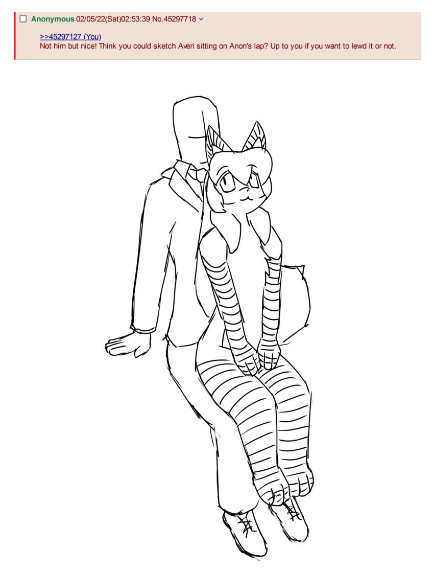 4chan anon anthro averi_(fiddleafox) canid canine clothing duo english_text female female_anthro fox fur gloves_(marking) hair hi_res human leg_markings looking_at_another male male/female mammal markings monochrome on_lap sitting sitting_on_lap socks_(marking) text unknown_artist