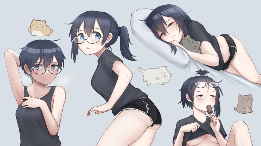 1girl absurdres arm_up armpits ass bed_sheet black_hair black_shirt black_shorts blue_eyes blush breasts cat clothes_lift food food_in_mouth glasses grey_background highres ice_cream lifted_by_self long_hair lying m1saki_1 multiple_views on_side open_mouth original pillow ponytail shirt short_hair shorts