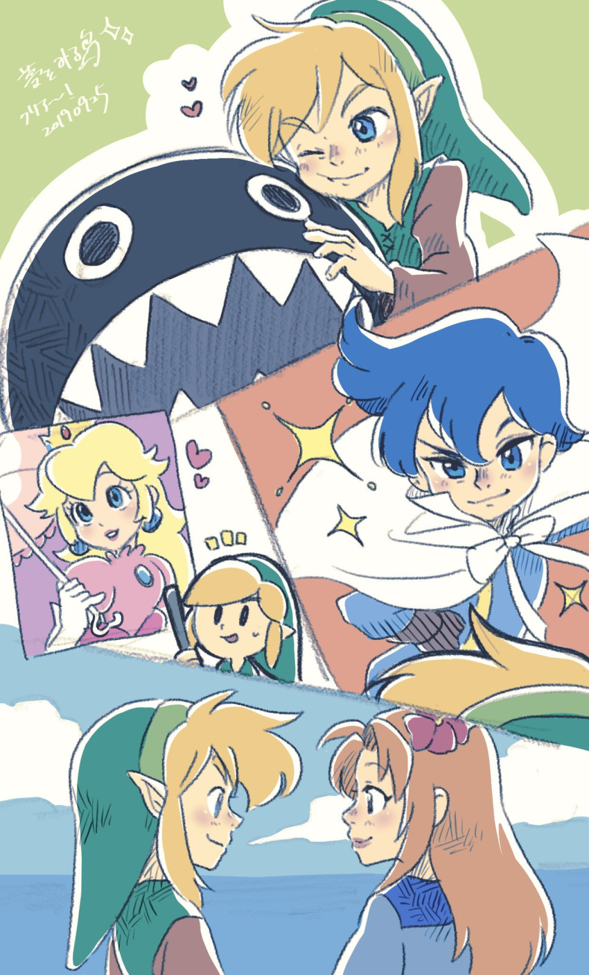 2boys 2girls :t black_eyes blonde_hair blue_dress blue_eyes blue_gemstone blue_hair blue_shirt blue_sky blush bow_wow_(link's_awakening) brooch brown_shirt cape chain_chomp cheek_press chibi chibi_inset closed_mouth cloud collared_cape commentary_request crossover dated day dress earrings elbow_gloves eye_contact flower from_behind gem gloves green_headwear hair_flower hair_ornament hand_on_another's_face hand_on_own_hip hand_up happy hat heart high_collar highres holding holding_umbrella horizon jewelry kaeru_no_tame_ni_kane_wa_naru link long_hair long_sleeves looking_at_another looking_at_viewer marin_(the_legend_of_zelda) mario_(series) multiple_boys multiple_girls multiple_views nose_blush notice_lines ocean one_eye_closed open_mouth orange_hair outdoors outline parasol parted_lips partial_commentary pink_dress pink_flower pink_lips pointy_ears prince_richard_(kaeru_no_tame_ni_kane_wa_naru) princess_peach profile puffy_short_sleeves puffy_sleeves sharp_teeth shirt short_hair short_sleeves sidelocks sky smile sparkle teeth the_legend_of_zelda translation_request ukata umbrella upper_body white_cape white_gloves white_outline