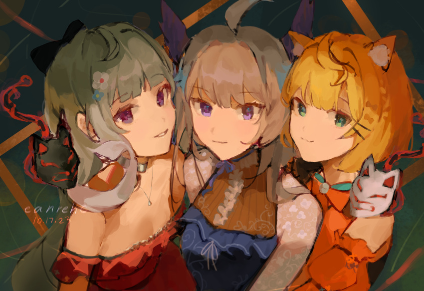 3girls ahoge animal_ear_fluff animal_ears aqua_eyes brown_hair cat_ears eanrehc enna_alouette ethyria grey_hair hair_ornament hairclip head_wings highres jewelry long_hair millie_parfait multiple_girls necklace nijisanji nijisanji_en pink_eyes purple_hair purple_wings reimu_endou virtual_youtuber wings