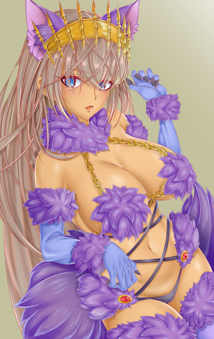 1girl absurdres animal_ears bare_shoulders black_panties blue_eyes bow breasts chain cleavage cosplay crown dark-skinned_female dark_skin elbow_gloves fate/grand_order fate_(series) fur-trimmed_gloves fur-trimmed_legwear fur_collar fur_trim gloves grey_hair highres kachihokori_satake lace-trimmed_legwear lace_trim large_breasts long_hair looking_at_viewer mash_kyrielight mash_kyrielight_(dangerous_beast) mash_kyrielight_(dangerous_beast)_(cosplay) navel o-ring open_mouth panties purple_gloves purple_thighhighs revealing_clothes solo tail thighhighs thighs underwear very_long_hair wolf_ears wolf_tail zenobia_(fate)