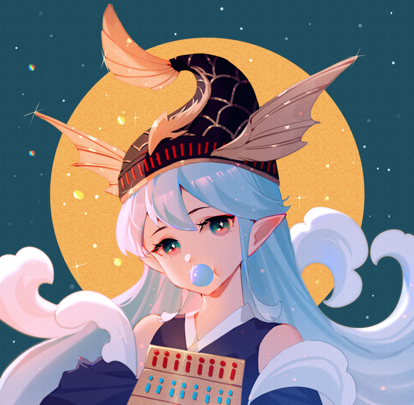 1girl absurdres bare_shoulders black_headwear blue_background blue_eyes blue_hair blue_shirt bubble_blowing circle clothing_cutout fish_hat highres japanese_clothes kingyo_hime_(onmyoji) liquid_hair onmyoji pointy_ears portrait shirt shoulder_cutout solo yi_er_san