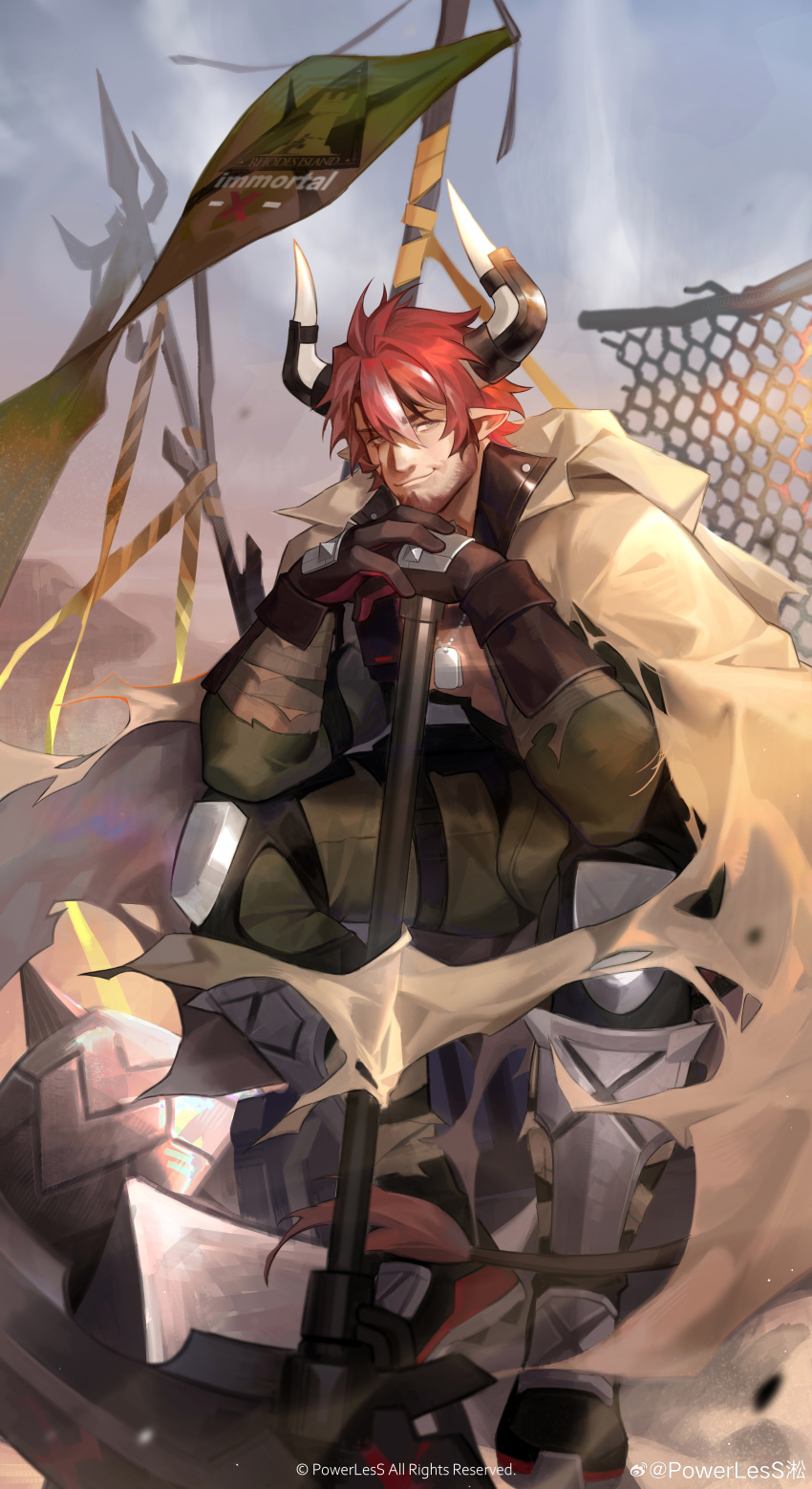 1boy absurdres animal_ears arknights bandaged_arm bandages bara beard bodysuit bulge chinstrap_beard cow_boy cow_ears cow_horns dog_tags dust facial_hair fence full_body green_bodysuit hair_between_eyes hand_on_hand head_rest highres horns humus_(arknights) incredibly_absurdres leg_wrap looking_at_viewer male_focus mature_male multicolored_hair muscular muscular_male own_hands_together pectoral_cleavage pectorals planted powerlesssong red_hair short_hair sitting smile solo streaked_hair thick_eyebrows