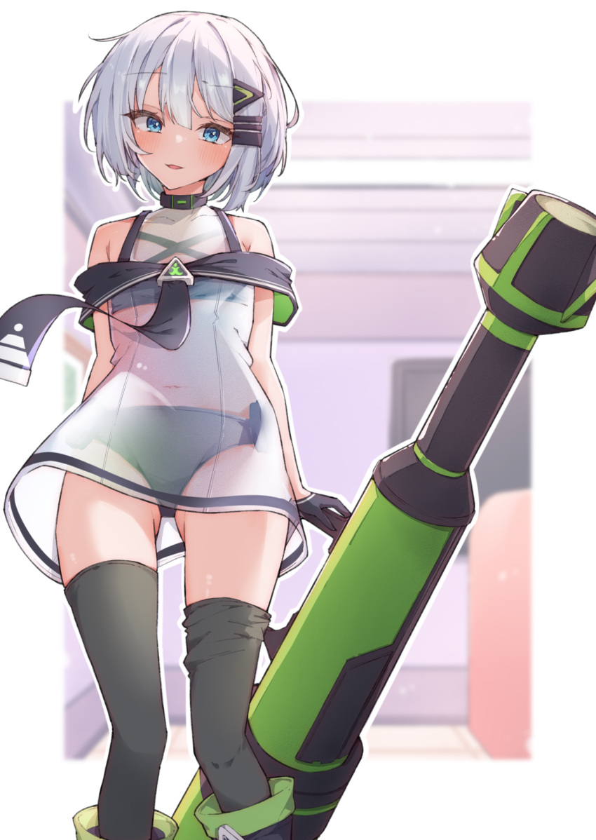 1girl absurdres airenif anri_(neptunia) bare_shoulders black_gloves black_thighhighs blue_eyes choujigen_game_neptune_sisters_vs_sisters commission dress flat_chest gloves hair_ornament hairclip halterneck highres looking_at_viewer navel neptune_(series) rocket_launcher see-through see-through_dress short_hair smile solo thighhighs weapon white_dress white_hair