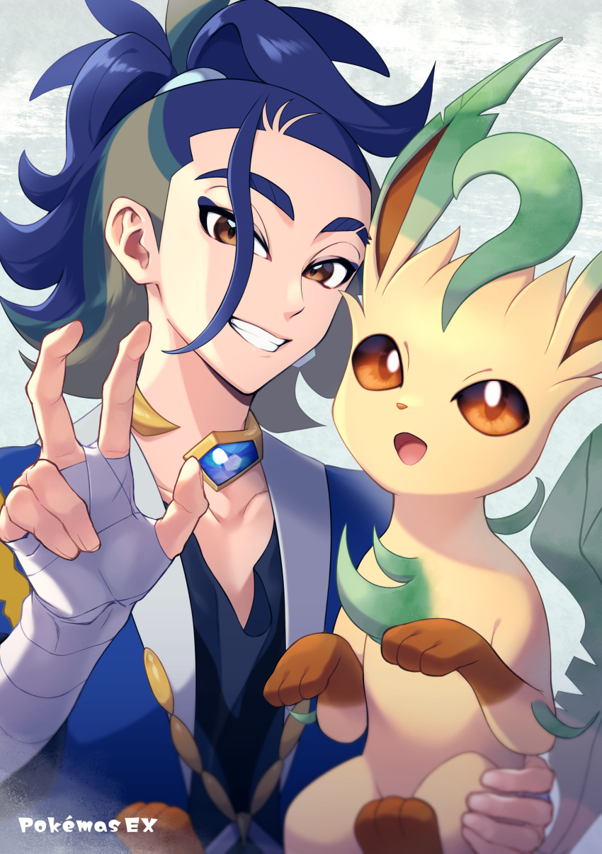 1boy absurdres adaman_(pokemon) black_shirt blue_coat blue_hair blurry brown_eyes coat collar collarbone commentary_request copyright_name eyebrow_cut grin hand_up hand_wraps highres holding holding_pokemon leafeon long_hair looking_at_viewer maki_(letusgomaki) male_focus pokemon pokemon_(creature) pokemon_(game) pokemon_legends:_arceus ponytail shirt smile teeth w