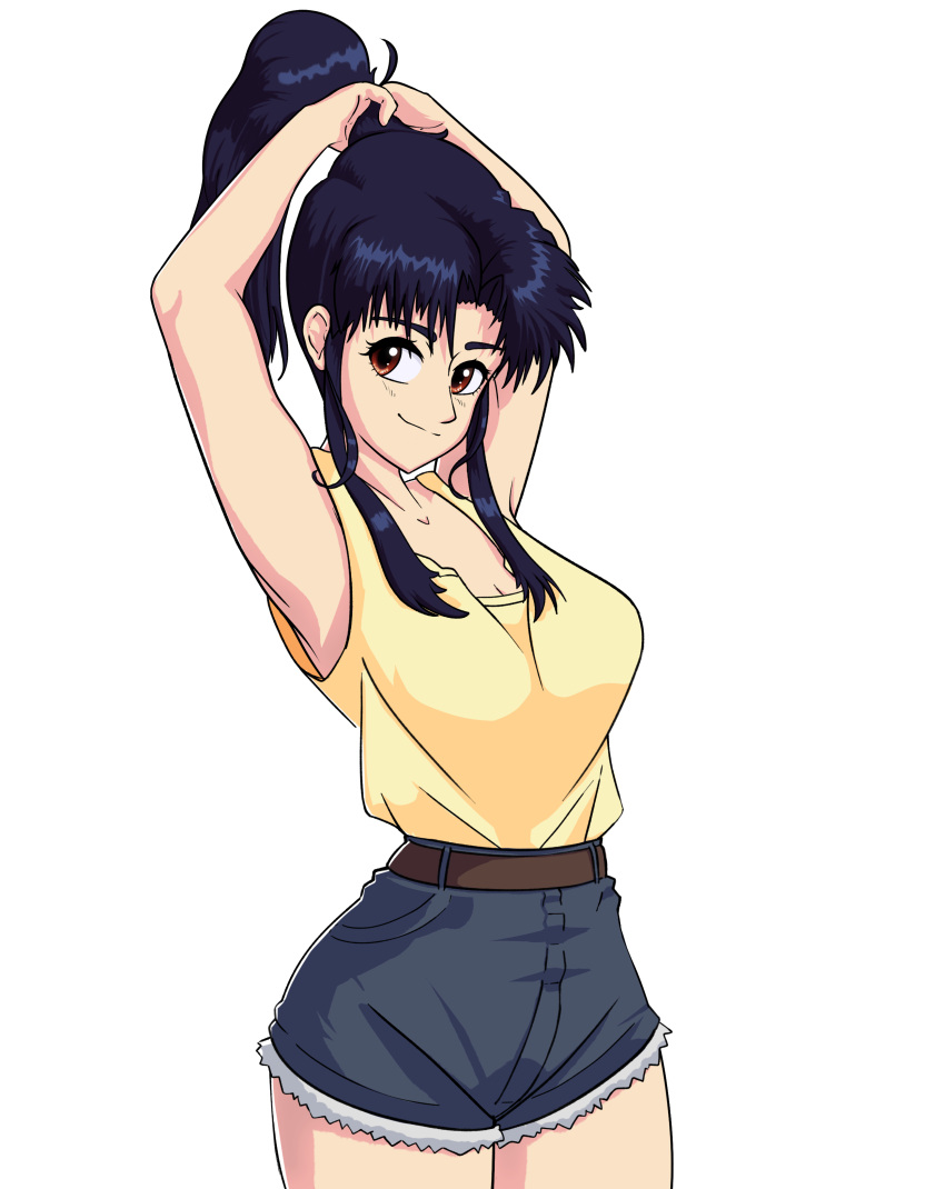 1girl absurdres breasts brown_eyes cleavage highres katsuragi_misato looking_at_viewer medium_breasts neon_genesis_evangelion outwardgalaxy ponytail purple_hair shorts solo_focus tank_top thighs