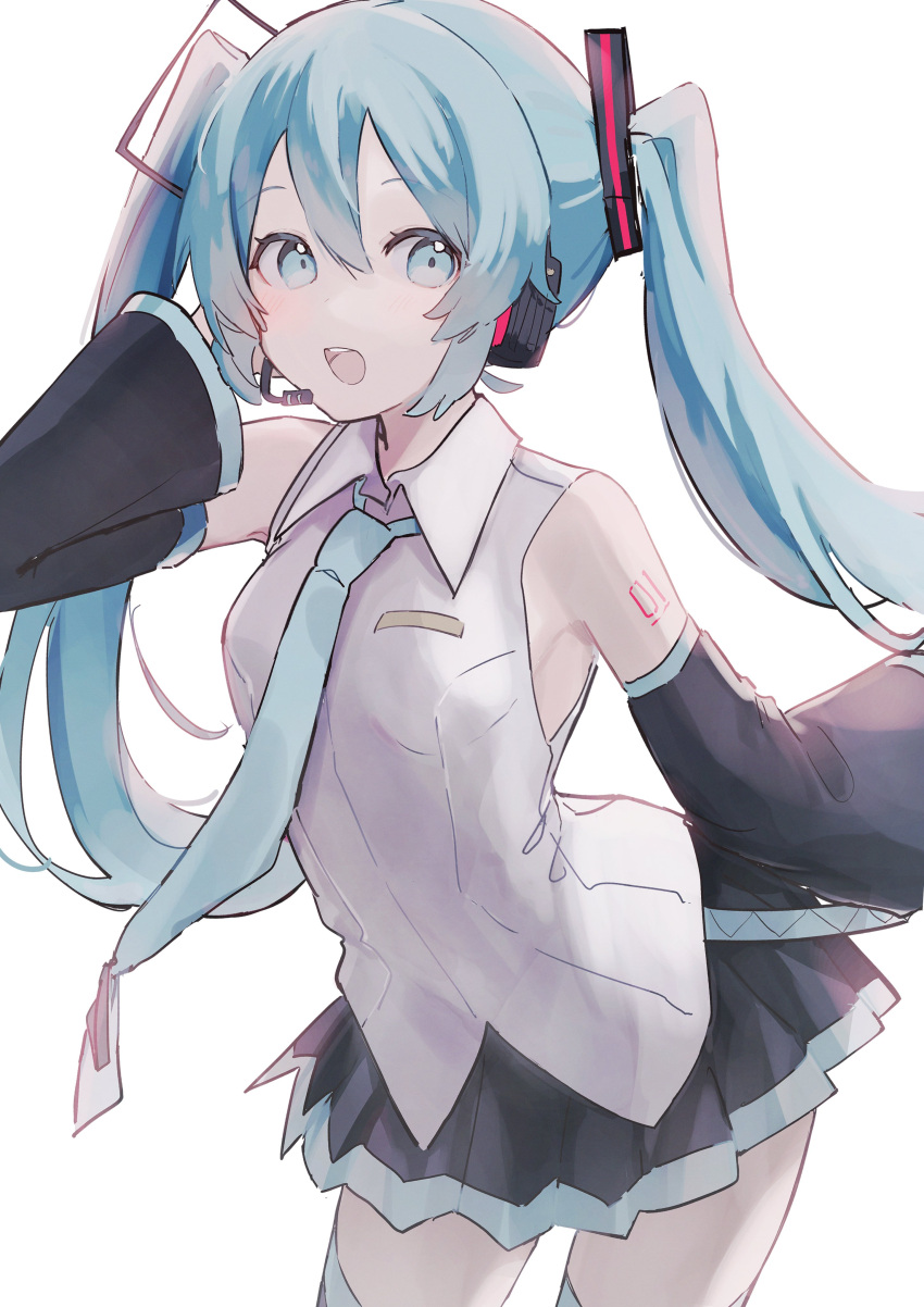 1girl absurdres armpit_peek bare_shoulders black_skirt blue_eyes blue_hair blue_necktie blush breast_pocket breasts collared_shirt cowboy_shot detached_sleeves hair_between_eyes hair_ornament hair_tie hand_on_own_ear hand_up hatsune_miku headphones highres long_hair looking_at_viewer microphone necktie open_mouth pleated_skirt pocket shiratakiseaice shirt sidelocks simple_background skirt sleeveless sleeveless_shirt smile solo teeth thighhighs twintails upper_teeth_only vocaloid white_background white_shirt wide_sleeves zettai_ryouiki