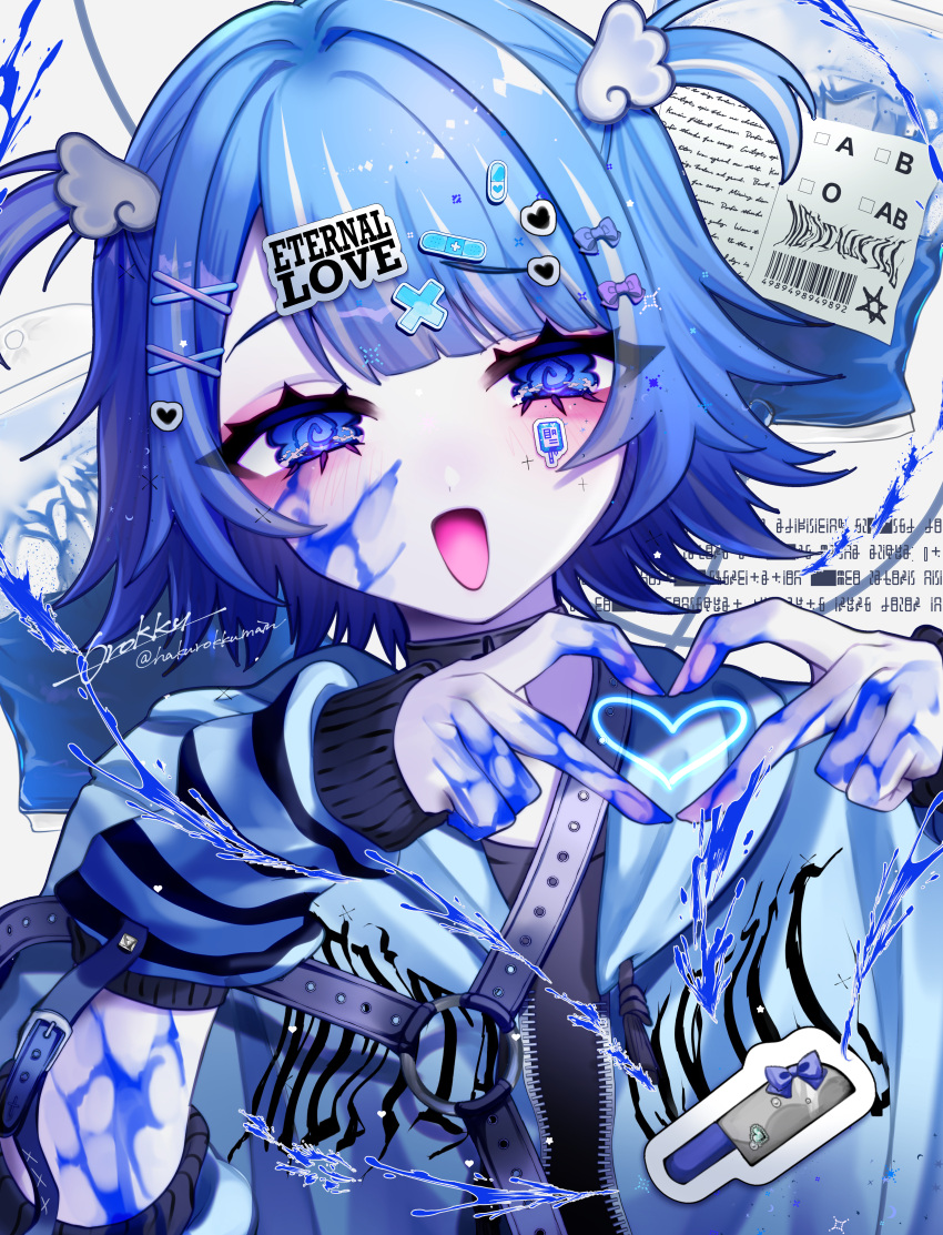 1girl @_@ absurdres artist_name bandaid_hair_ornament barcode blood blood_on_face blood_on_hands blood_type blue_blood blue_eyes blue_hair blue_hoodie blue_theme blush bow commentary decora english_commentary english_text hair_bow hair_ornament hakurokku hands_up head_tilt heart heart_hands highres hood hood_down hoodie looking_at_viewer minibow multiple_hair_bows o-ring_strap open_clothes open_hoodie open_mouth original paper print_hoodie shoulder_strap smile solo sticker_on_face striped_arm_warmers text_hair_ornament two_side_up upper_body wavy_eyes wing_hair_ornament x_hair_ornament yami_kawaii zipper