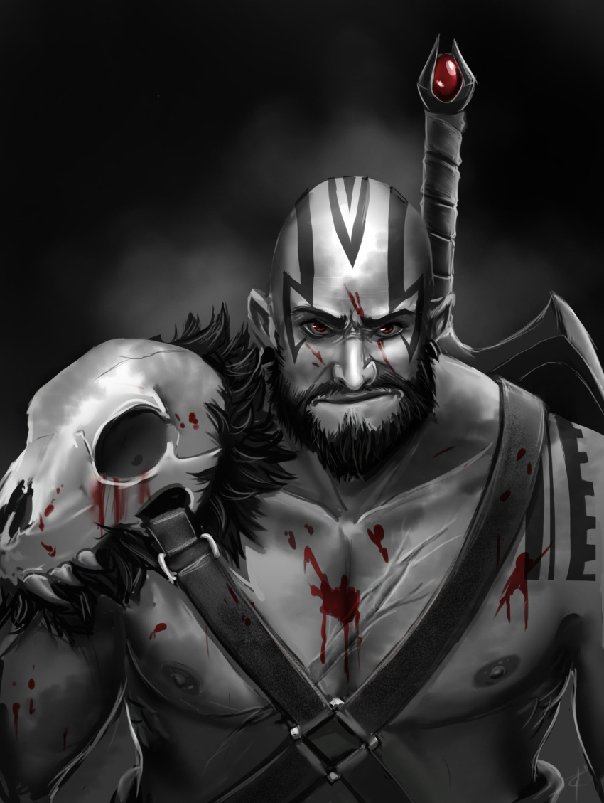 1boy absurdres artist_request axe bald bare_pectorals battle_axe blood blood_on_clothes blood_on_face blue_skin chest_belt colored_skin critical_role grog_strongjaw head_tattoo highres large_pectorals looking_at_viewer male_focus mature_male muscular muscular_male nipples pectorals shoulder_tattoo solo spot_color tattoo the_legend_of_vox_machina upper_body weapon weapon_behind_back