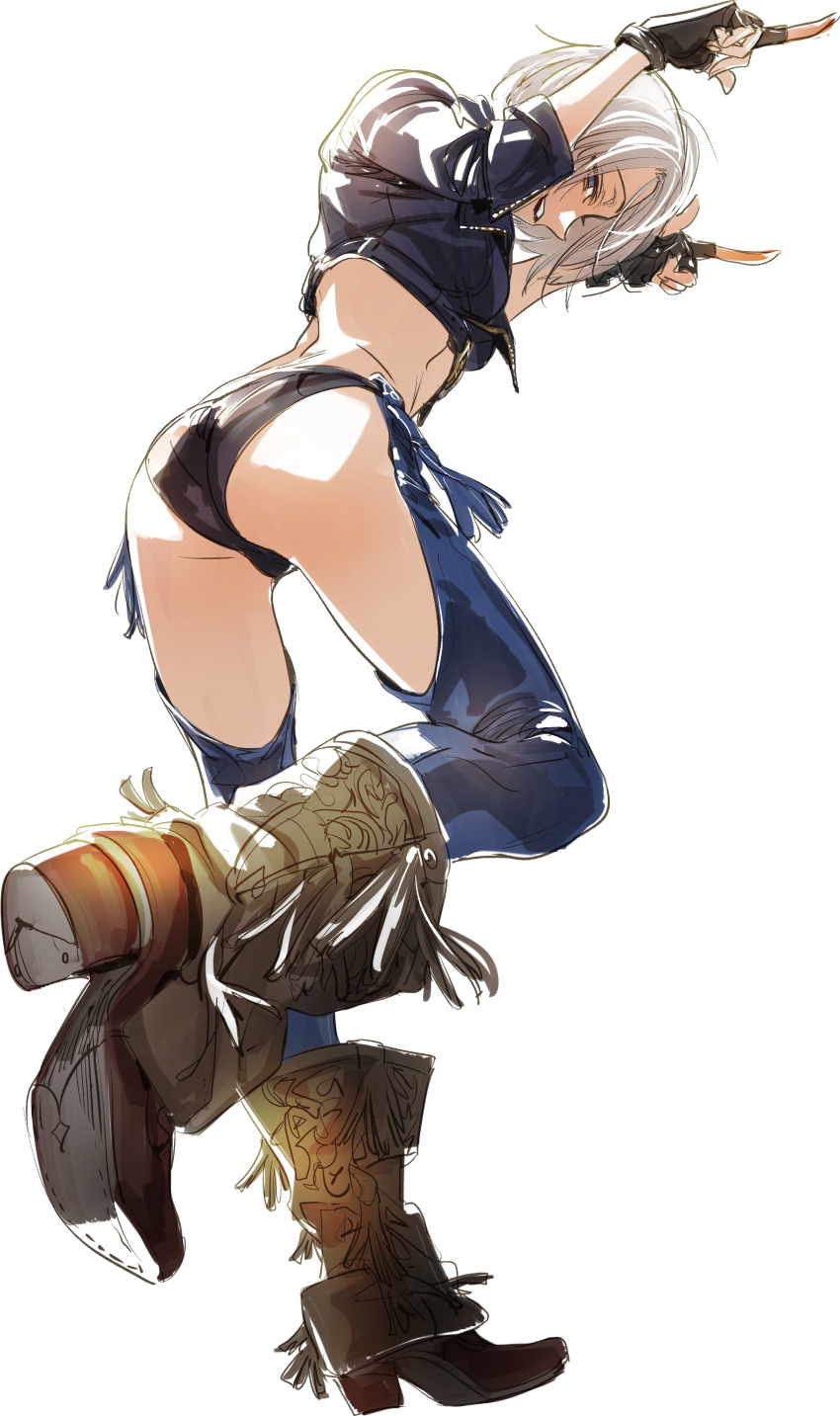 1girl absurdres angel_(kof) backless_pants blue_eyes boots bra breasts chaps cowboy_boots crop_top cropped_jacket fingerless_gloves gloves hair_over_one_eye highres horns_pose ikuhana_niiro index_fingers_raised jacket large_breasts leather leather_jacket looking_at_viewer midriff navel panties pants short_hair smile snk solo strapless strapless_bra the_king_of_fighters the_king_of_fighters_xiv toned underwear white_hair