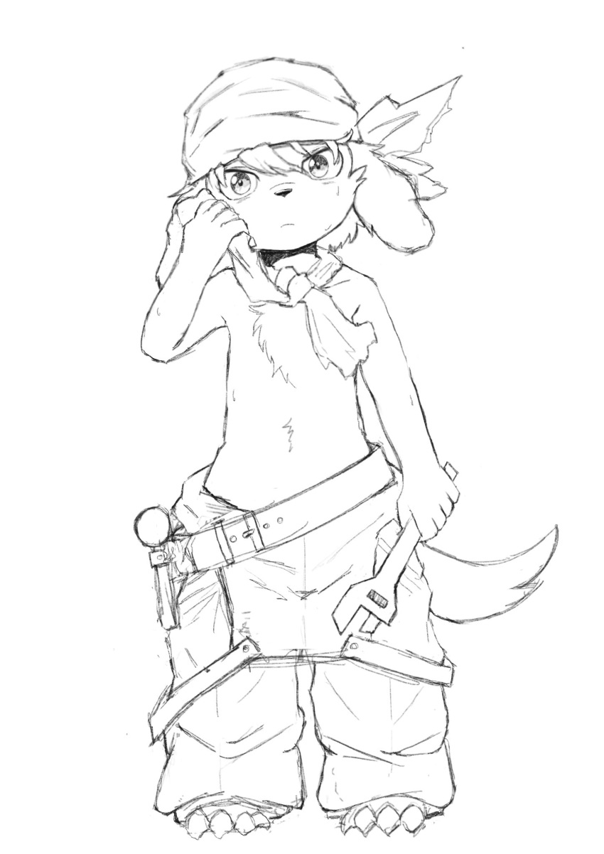 5_fingers anthro bandanna belt black_and_white bodily_fluids canid canine canis clothing cyberconnect2 domestic_dog ekaki_usagi fingers fuga:_melodies_of_steel hankerchief hi_res jin_macchiato kerchief little_tail_bronx male mammal monkey_wrench monochrome overalls sketch solo sweat tail tools