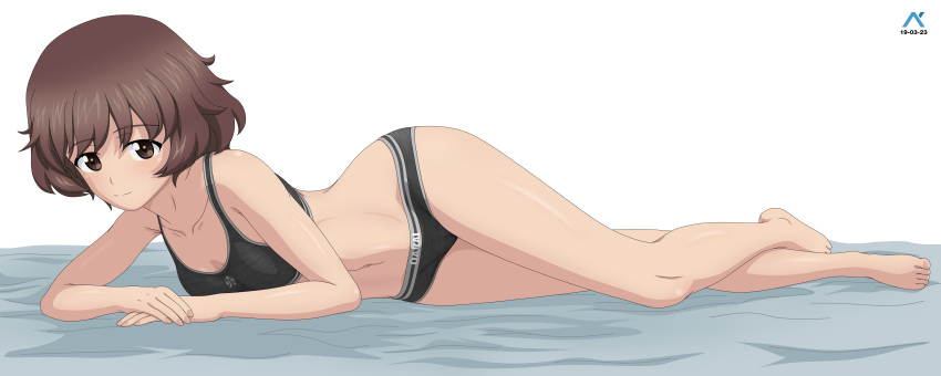 1girl absurdres acrux akiyama_yukari artist_logo barefoot bed_sheet black_panties black_sports_bra brown_eyes brown_hair closed_mouth clothes_writing commentary dated elbow_rest emblem english_commentary girls_und_panzer highres looking_at_viewer lying messy_hair navel on_bed on_side ooarai_(emblem) panties romaji_text short_hair smile solo sports_bra sports_panties underwear underwear_only