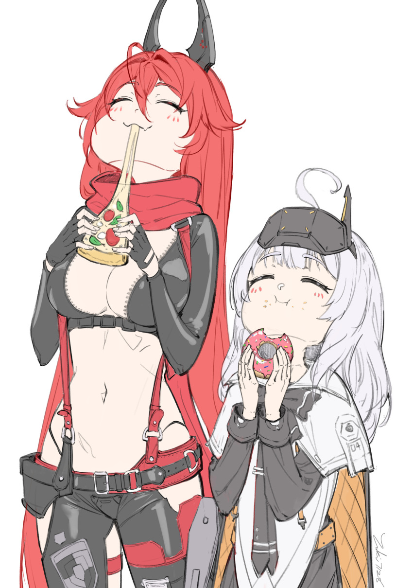 2girls :3 blush breasts cleavage closed_eyes closed_mouth doughnut eating fang food food_in_mouth food_on_face goddess_of_victory:_nikke goggles goggles_on_head highres holding holding_food holding_pizza horns jacket large_breasts long_hair long_sleeves mechanical_horns multiple_girls navel pink_doughnut pizza pizza_slice red_hair red_hood_(nikke) red_scarf scarf simple_background skin_fang snow_white:_innocent_days_(nikke) snow_white_(nikke) standing very_long_hair white_background white_hair yuki7128