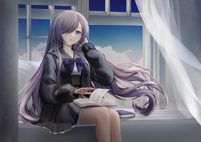 1girl absurdres black_jacket black_sailor_collar black_skirt book bow bowtie commission curtains hair_over_one_eye highres indie_virtual_youtuber jacket long_hair mihaia open_mouth purple_bow purple_bowtie purple_eyes purple_hair sailor_collar shigumo_shia sitting skeb_commission skirt solo very_long_hair