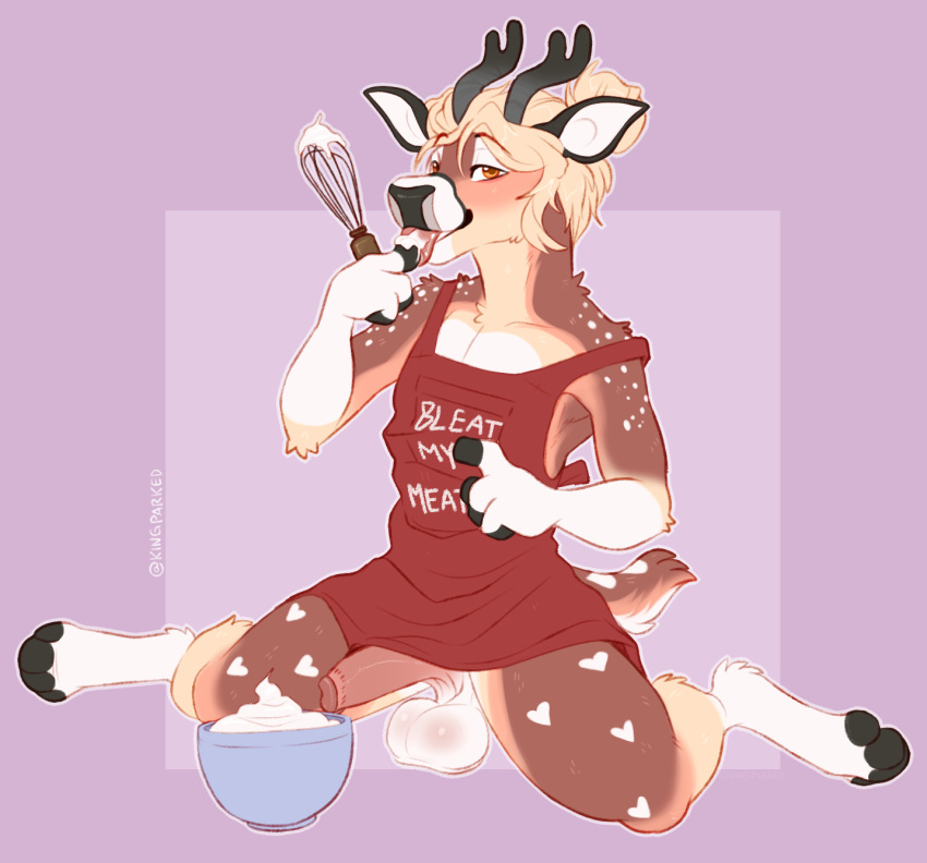 anthro antlers apron apron_only baker balls blush circumcised clothing dairy_products deer digital_media_(artwork) eating erection finger_fetish finger_lick finger_play fingers food genitals girly hi_res hooves horn humanoid_genitalia humanoid_penis kingparked kitchen_utensils licking looking_at_viewer male mammal penis pinup pose simple_background solo tail text tongue tongue_out tools whipped_cream whisk