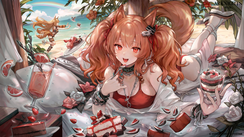 2girls absurdres angelina_(arknights) angelina_(summer_flowers)_(arknights) animal_ears arknights bare_shoulders beach bibimbub black_collar blue_sky breasts cake ceobe_(arknights) ceobe_(summer_flowers)_(arknights) chain cleavage cloud cloudy_sky collar company_name copyright_name day dog_ears dog_girl dog_tail feet_up flower food fork fox_ears fox_girl fox_tail fruit hair_ribbon highres holding holding_food holding_fork jewelry large_breasts long_hair looking_at_viewer lying multiple_girls necklace ocean official_alternate_costume official_art official_wallpaper on_stomach one-piece_swimsuit open_mouth outdoors parfait plate rainbow raised_eyebrows red_eyes red_flower red_one-piece_swimsuit ribbon sand sandals sarong sky solo_focus strawberry swimsuit tail teeth tongue tree twintails upper_teeth_only water white_flower white_footwear white_sarong