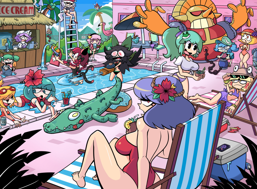 6+girls absurdres air_pump aki_minoriko aki_shizuha alligator animal_ears arm_cannon bare_shoulders beach_chair bird black_hair blonde_hair blue_hair bow braid breasts bucket cat_ears cat_tail crocodilian eyewear_on_head flamingo flower food frog_hair_ornament front_ponytail fruit grapes green_eyes green_hair hair_bow hair_flower hair_ornament hair_ribbon hairband hat heart highres hisou_tensoku ice_cream inflatable_toy inubashiri_momiji kaenbyou_rin kagiyama_hina kawashiro_nitori kevin_arthur kisume kochiya_sanae komeiji_satori leaf letty_whiterock lifeguard_chair lily_white long_hair mecha medium_hair messy_hair moriya_suwako multiple_girls multiple_tails nekomata onbashira open_mouth palm_tree pink_eyes pink_hair ponytail popsicle red_eyes red_hair reiuji_utsuho ribbon robot rope shameimaru_aya shirt short_hair snake_hair_ornament sunglasses swimsuit tail third_eye tokin_hat touhou tree twin_braids twintails water_gun weapon white_hair white_shirt wings yakumo_yukari yasaka_kanako yellow_eyes