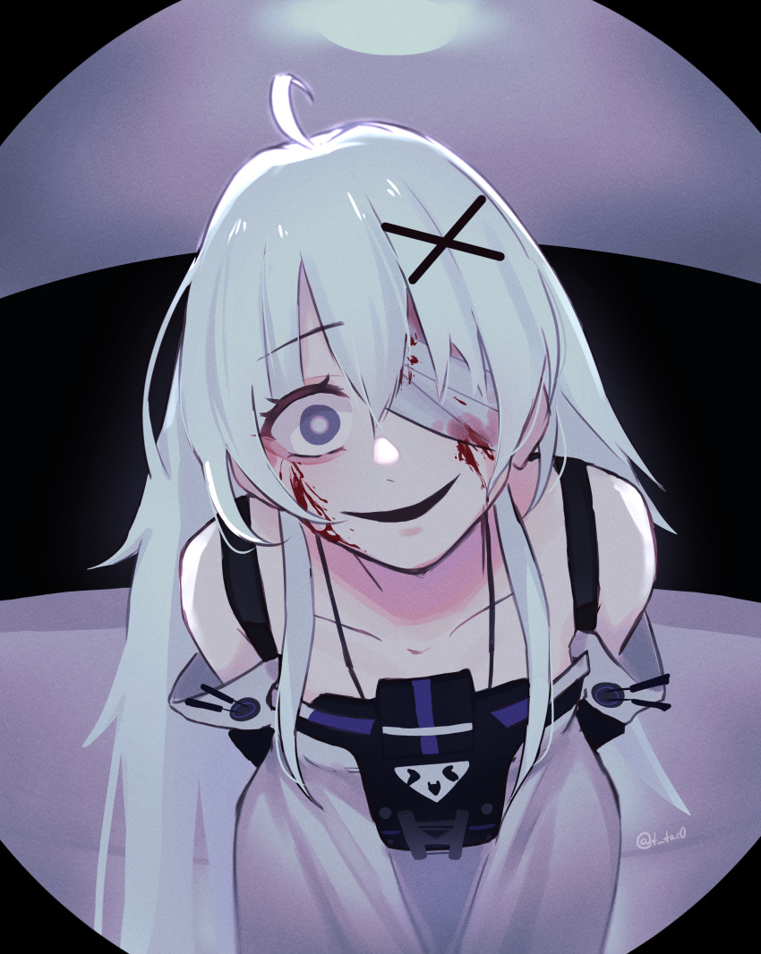 1girl absurdres ahoge bandage_over_one_eye bandages blood blood_on_bandages blood_on_face detached_sleeves dress english_commentary evil_smile grey_dress grey_hair grey_sleeves hair_between_eyes hair_ornament highres long_hair no.21:_xxi_(punishing:_gray_raven) no.21_(punishing:_gray_raven) punishing:_gray_raven purple_eyes sidelocks sleeves_past_fingers sleeves_past_wrists smile solo suspenders tacowo very_long_hair x_hair_ornament yandere
