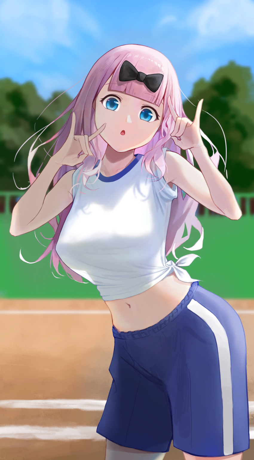 1girl absurdres arms_up black_bow blue_buruma blue_eyes blunt_bangs blurry blurry_background bow breasts buruma commentary_request depth_of_field double_fox_shadow_puppet fox_shadow_puppet fujiwara_chika gym_shirt gym_shorts gym_uniform hair_bow hand_gesture highres kaguya-sama_wa_kokurasetai_~tensai-tachi_no_renai_zunousen~ large_breasts leaning_forward long_hair looking_at_viewer midriff momaetoto navel open_mouth outdoors pink_hair running_track shirt short_sleeves shorts sleeves_rolled_up solo tied_shirt track_and_field upper_body white_shirt