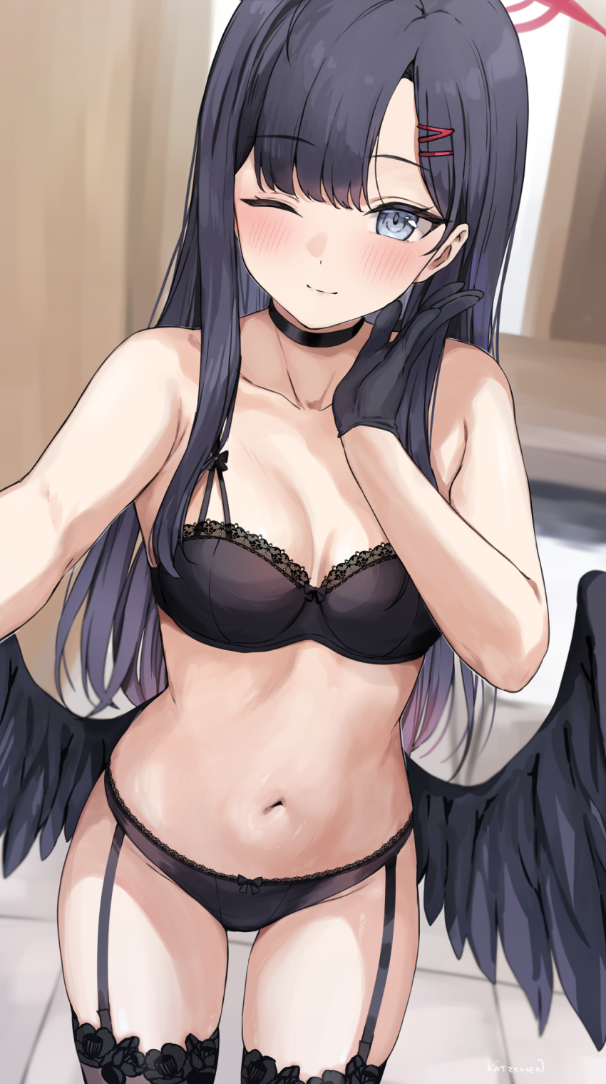 1girl black_bra black_choker black_feathers black_gloves black_hair black_panties black_thighhighs black_wings blue_archive bra breasts choker collarbone commentary english_commentary feathered_wings feathers gloves grey_eyes hair_ornament hairclip halo hand_up highres ichika_(blue_archive) kaetzchen long_hair looking_at_viewer low_wings medium_breasts one_eye_closed panties selfie solo thighhighs underwear underwear_only very_long_hair wings