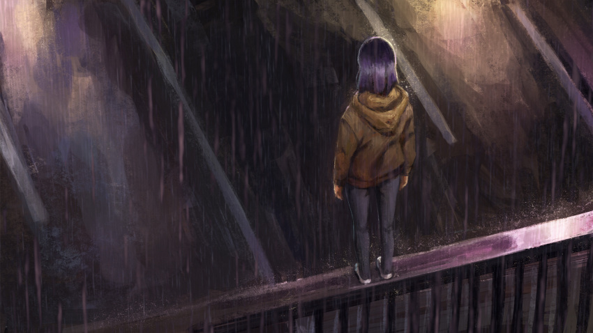 1girl brown_hoodie commentary_request elvafirst english_commentary from_above from_behind highres hood hoodie imminent_suicide kurokawa_akane night on_railing oshi_no_ko outdoors pants purple_hair railing rain road solo spoilers standing wide_shot