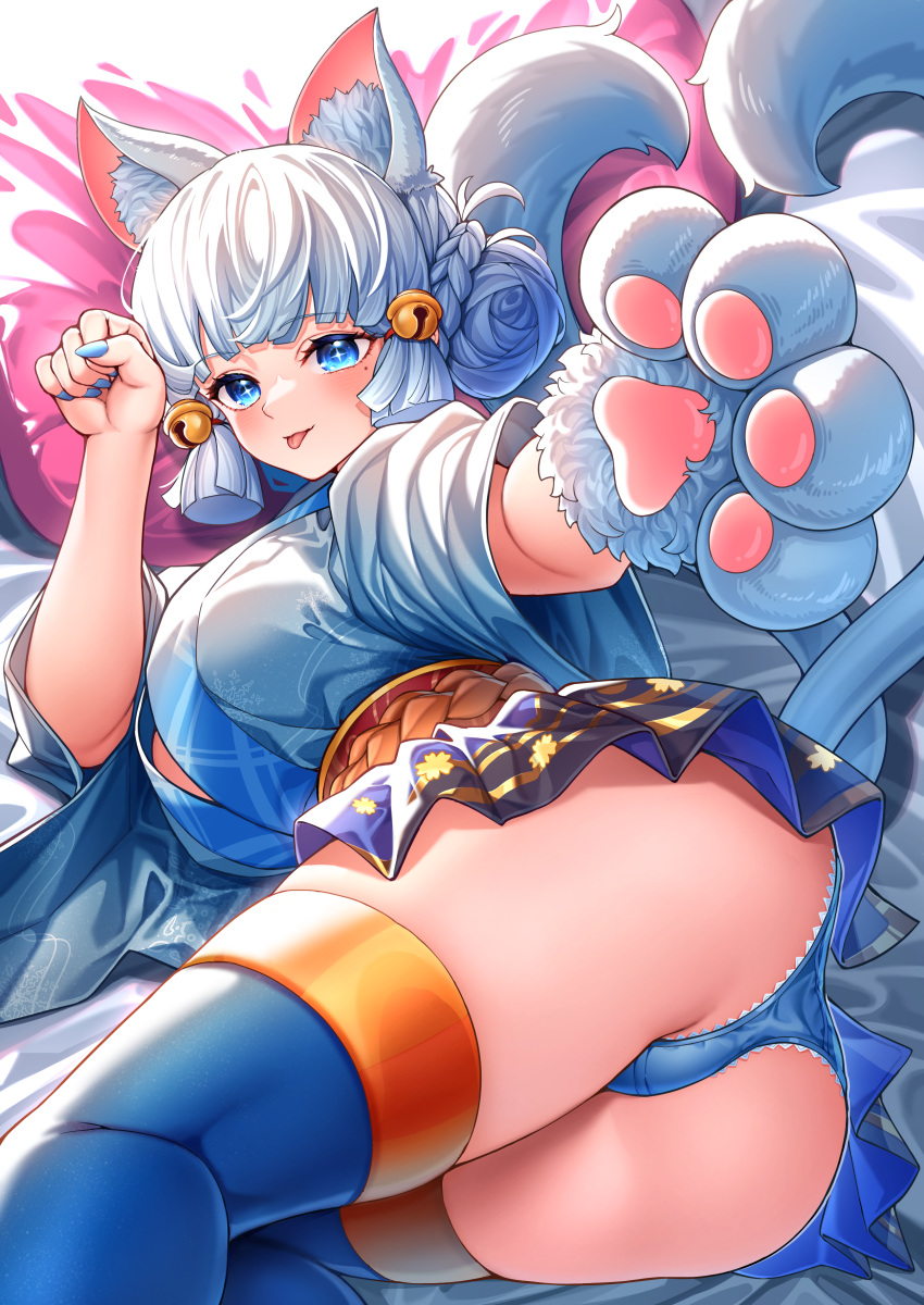 1girl absurdres animal_ear_fluff animal_ears animal_hands ass blue_eyes blue_panties blue_skirt breasts cat_ears cat_tail check_clothing english_commentary genshin_impact gloves halloween heart heart_tail highres japanese_clothes kamisato_ayaka kimono kishita_yuu large_breasts looking_at_viewer lying multiple_tails on_side panties paw_gloves pink_pillow reaching reaching_towards_viewer single_glove skirt solo tail tongue tongue_out underwear white_gloves white_hair white_kimono wide_sleeves