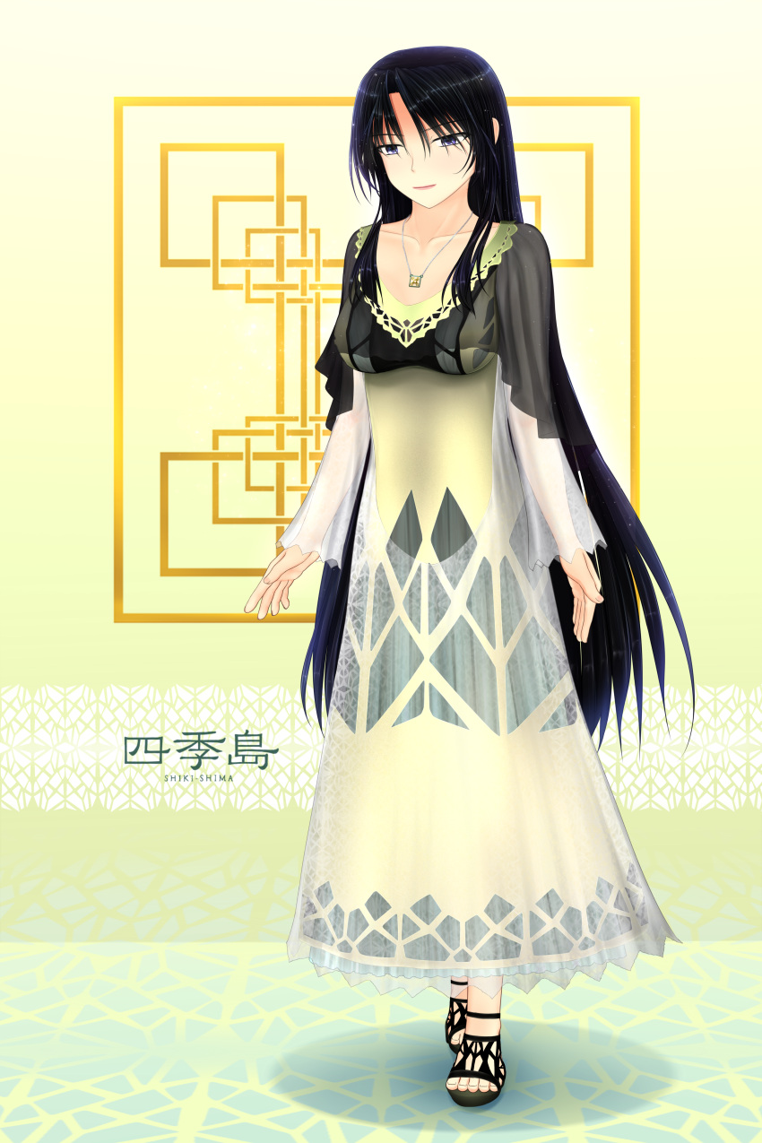 1girl absurdres black_footwear black_hair collarbone dress east_japan_railway_company english_text ground_vehicle highres japan_railways jewelry kanji logo long_hair necklace personification purple_eyes rene_(e311) toeless_footwear train train_suite_shiki-shima wedding