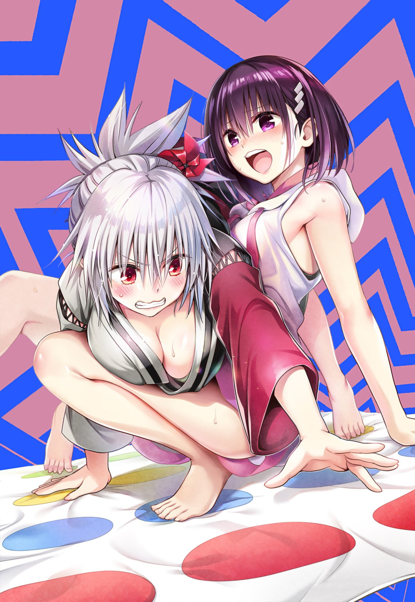 2girls :d ayakashi_triangle bad_link blush breasts cleaned cleavage commentary derivative_work english_commentary eyelashes grey_hair hair_ornament hairclip happy highres japanese_clothes kanade_suzu kazamaki_matsuri kazamaki_matsuri_(female) large_breasts momocchi18 multiple_girls official_art open_mouth pinwheel pinwheel_hair_ornament ponytail purple_eyes purple_hair red_eyes short_hair smile twister yabuki_kentarou