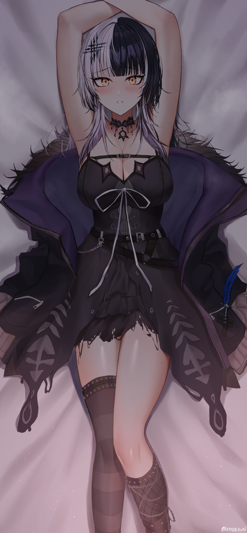 1girl absurdres arm_up armpits asymmetrical_legwear belt belt_pouch black_belt black_choker black_coat black_dress black_hair black_socks black_thighhighs breasts choker cleavage coat dress fishnet_socks fishnets fur-trimmed_coat fur_trim hair_ornament highres hololive hololive_english kneehighs kotodekun lace lace_choker large_breasts layered_dress long_hair looking_at_viewer lying mismatched_legwear multicolored_hair pouch shiori_novella short_dress single_kneehigh single_sock single_thighhigh sleeveless sleeveless_dress smile socks split-color_hair striped striped_thighhighs thighhighs thighs two-tone_hair uneven_legwear virtual_youtuber white_hair yellow_eyes