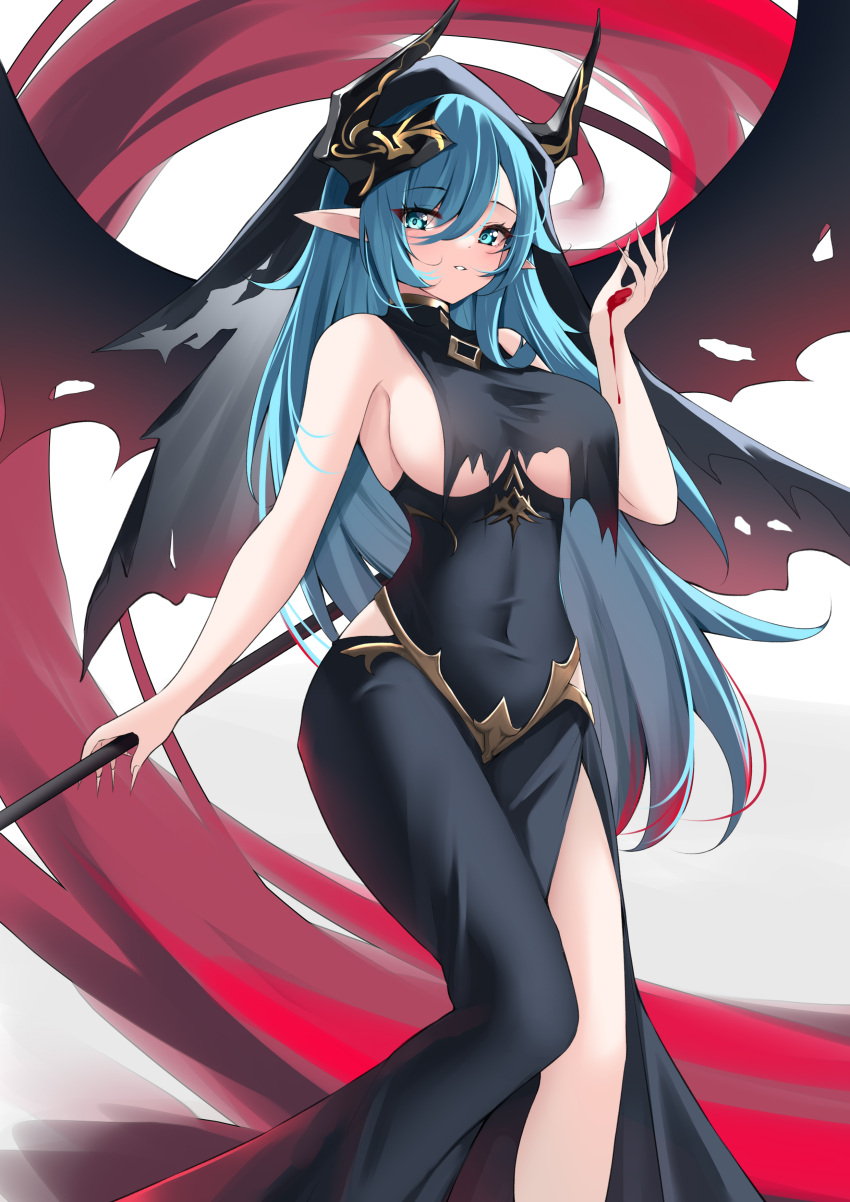 1girl absurdres azur_lane black_dress black_horns black_wings blue_eyes blue_hair breasts capelet catnnn covered_navel demon_wings dress highres holding holding_scythe horns large_breasts long_dress long_hair looking_at_viewer mary_celeste_(azur_lane) mary_celeste_(grim_night's_reaper)_(azur_lane) official_alternate_costume pointy_ears scythe solo torn_capelet torn_clothes torn_dress underboob veil weapon wings