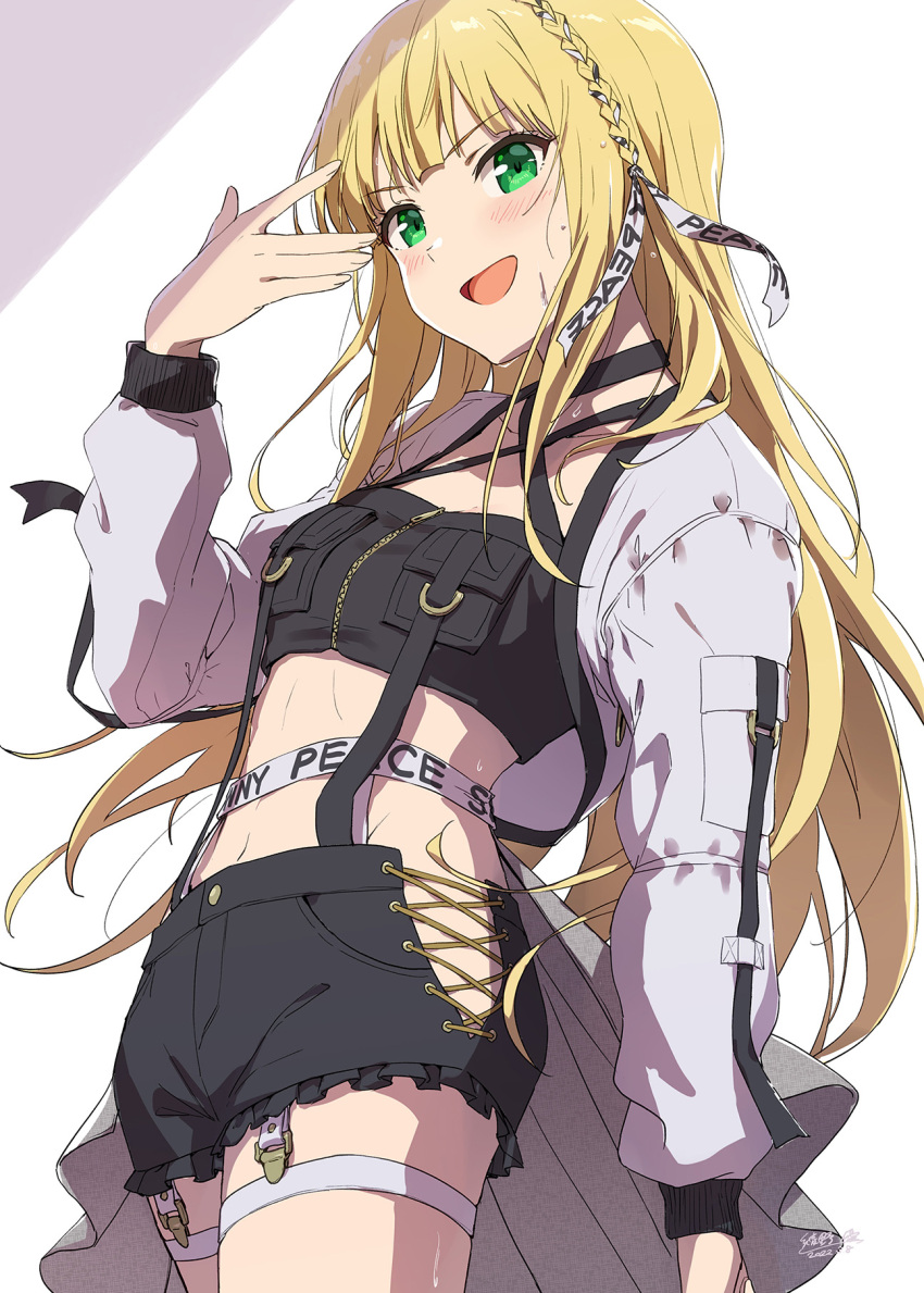 1girl :d ayano_yuu_(sonma_1426) blonde_hair braid breast_pocket breasts collarbone criss-cross_halter crop_top cross-laced_clothes cross-laced_shorts frilled_shorts frills garter_straps green_eyes halterneck hand_up highres ichinose_rei idol idoly_pride long_hair looking_at_viewer midriff open_mouth pocket ribbon_braid short_shorts shorts shrug_(clothing) signature simple_background smile stomach sweat thigh_strap white_background white_garter_straps white_shrug