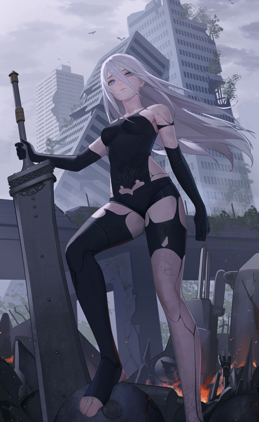 1girl absurdres bird black_gloves breasts building city closed_mouth cyborg destruction drid elbow_gloves embers fire floating_hair foot_out_of_frame gloves grey_eyes grey_sky highres long_hair mole mole_under_mouth nier:automata nier_(series) outdoors planted planted_sword rubble short_shorts shorts single_thighhigh small_breasts solo sword thighhighs torn_clothes weapon white_hair yorha_type_a_no._2