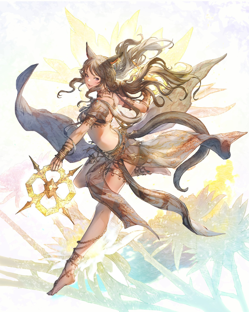 1girl animal_ears anklet armlet barefoot bracelet brown_eyes brown_hair cat_ears cat_tail chakram dancer_(final_fantasy) earrings facial_mark final_fantasy final_fantasy_xiv highres jewelry long_hair looking_at_viewer miqo'te pelvic_curtain shukei solo tail thighlet weapon whisker_markings