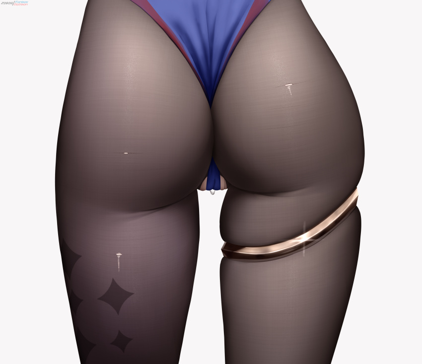1girl absurdres ass black_pantyhose blue_leotard cameltoe close-up from_behind genshin_impact highres leotard lower_body mona_(genshin_impact) pantyhose simple_background skindentation solo thighlet thighs torn_clothes torn_pantyhose white_background z282g
