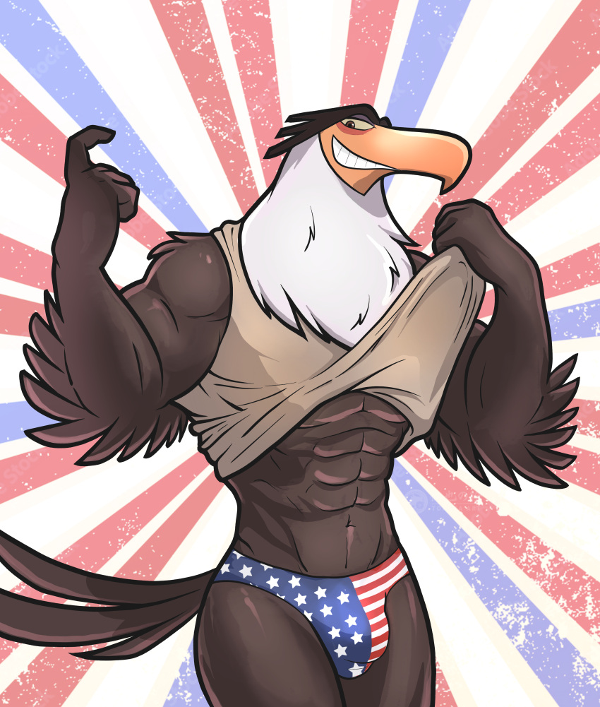 4th_of_july abs absurd_res accipitrid accipitriform angry_birds anthro athletic avian bald_eagle beak beckoning big_muscles bird blush brown_body brown_fur bulge clothed clothing clothing_lift dasoka detailed_bulge digital_media_(artwork) eagle elbow_feathers eyebrows feathered_wings feathers fur gesture glistening glistening_body glistening_skin hair hi_res holidays larger_male looking_at_viewer male mammal mighty_eagle musclegut muscular muscular_anthro muscular_arms muscular_male muscular_thighs narrowed_eyes orange_beak presenting presenting_body presenting_bulge raised_clothing raised_eyebrow raised_shirt raised_topwear sea_eagle shirt shirt_lift simple_background size_difference smile smirk solo stars_and_stripes tail tail_feathers text thick_thighs thong tokuya topwear underwear united_states_of_america white_body white_fur wide_hips wings