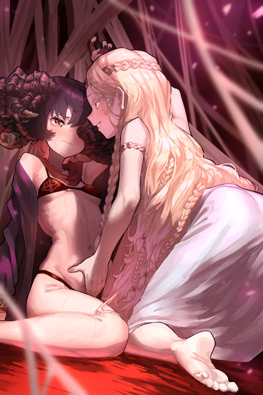 2girls absurdres arm_up armlet bare_legs barefoot bikini black_hair black_nails blonde_hair blush braid breasts brown_eyes closed_mouth commentary_request curled_horns ekrea_jan elden_ring fingernails foot_out_of_frame genderswap genderswap_(mtf) grin hair_between_eyes highres horns long_hair looking_at_another miquella_(elden_ring) missing_eye mohg_lord_of_blood multiple_girls navel parted_lips red_bikini small_breasts smile soles stomach swimsuit very_long_hair white_tunic yuri