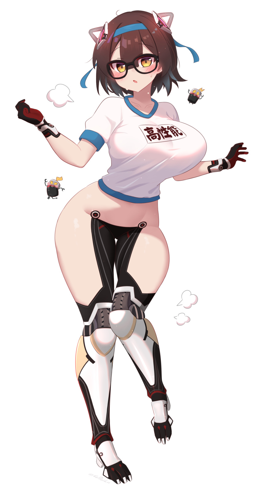 1girl absurdres android ass bare_hips black-framed_eyewear blush breasts brown_hair full_body gabai glasses gym_shirt hair_between_eyes hairband hands_up headgear highres hololive large_breasts leaning_forward looking_at_viewer mecha_musume mechanical_arms mechanical_legs medium_hair open_mouth ribbon roboco-san robot_girl shirt short_sleeves sigh simple_background standing standing_on_one_leg sweat taut_clothes taut_shirt thigh_gap thighs virtual_youtuber white_background wide_hips yellow_eyes