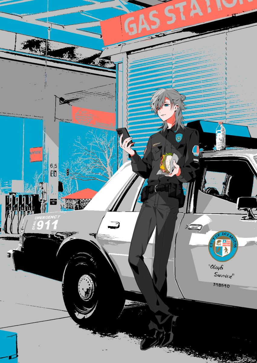 1boy absurdres akke_(akke299) alternate_hair_color belt belt_pouch black_belt black_footwear black_jacket black_shirt bottle buttons car cellphone earrings food full_body gas_station grand_theft_auto grey_hair half_updo highres holding holding_food holding_phone jacket jewelry kanae_(nijisanji) leaning_against_vehicle light_smile limited_palette long_sleeves looking_at_phone male_focus medium_hair mole mole_under_eye motor_vehicle nijisanji phone police police_badge police_car police_uniform policeman pouch sandwich shirt shoes smartphone solo standing stud_earrings uniform virtual_youtuber water_bottle