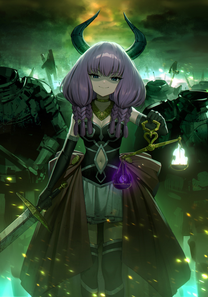 1girl 95--- absurdres armor aura_(sousou_no_frieren) black_corset black_eyes black_gloves black_thighhighs braid breasts closed_mouth clothing_cutout commentary_request corset demon_girl demon_horns elbow_gloves evil_smile gloves gold_necklace highres holding holding_scale holding_sword holding_weapon horns jewelry long_hair looking_at_viewer low-braided_long_hair multiple_braids navel navel_cutout necklace outdoors purple_hair shaded_face skirt small_breasts smile sousou_no_frieren sword thighhighs weapon weighing_scale white_skirt
