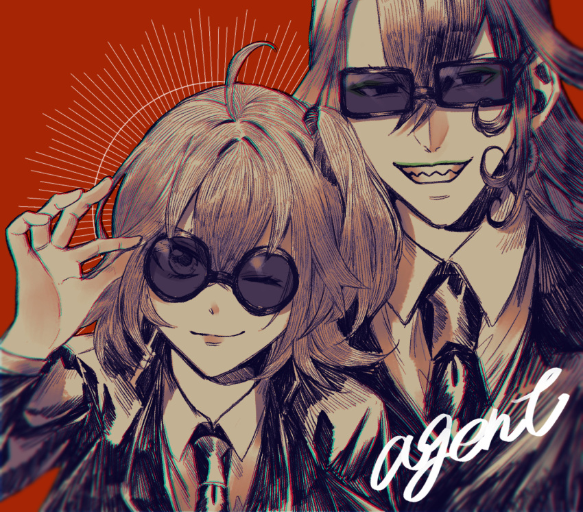 1boy 1girl alternate_costume ashiya_douman_(fate) clenched_teeth commentary_request contemporary english_text fate/grand_order fate_(series) formal fujimaru_ritsuka_(female) long_hair necktie nekko_chaaaaan one_eye_closed short_hair smile suit sunglasses teeth upper_body