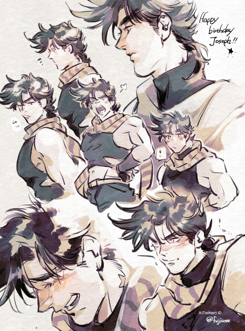 1boy blush crop_top fujisee half-closed_eyes happy_birthday highres jojo_no_kimyou_na_bouken joseph_joestar joseph_joestar_(young) laughing looking_ahead looking_back male_focus midriff multiple_views muscular muscular_male notice_lines one_eye_closed pale_color pectorals scarf sideburns_stubble thick_eyebrows upper_body