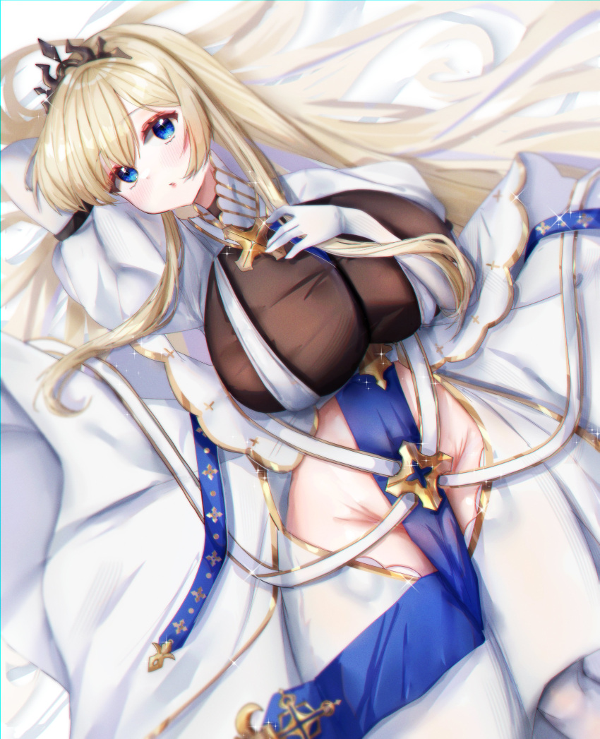 1girl absurdres arm_behind_head azur_lane black_tiara blonde_hair blue_eyes breasts cross dress framed_breasts groin highres huge_breasts karen_(ka_0896) long_hair looking_at_viewer lying on_bed painleve_(azur_lane) parted_lips pelvic_curtain red_eyeliner revealing_clothes solo tiara white_dress